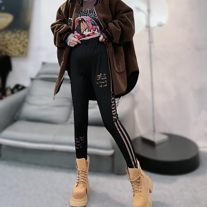 潮牌欧货字母彩色小脚裤个性外穿打底裤弹力高腰紧身裤女九分裤子