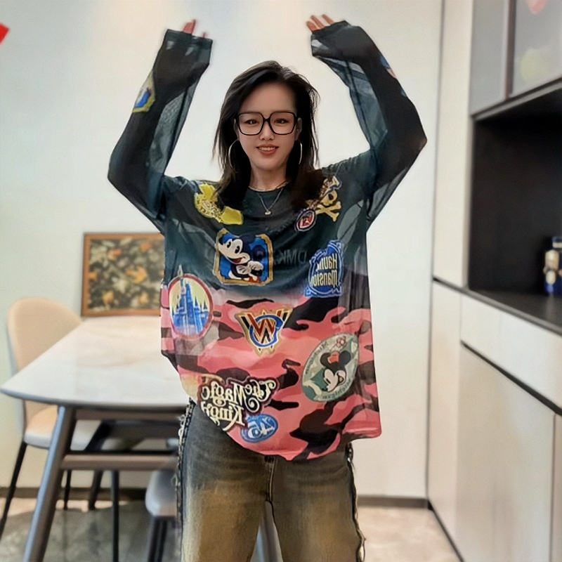 撞色时尚欧货潮流个性长袖网纱T