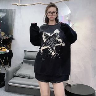 欧洲站卫衣宽松加绒加厚女冬季新款圆领渐变色印花字母套头上衣潮