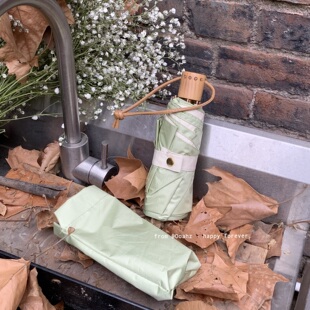 禅系风~品质款五折晴雨伞金胶遮阳伞 实木竹节手柄防晒伞小巧便携