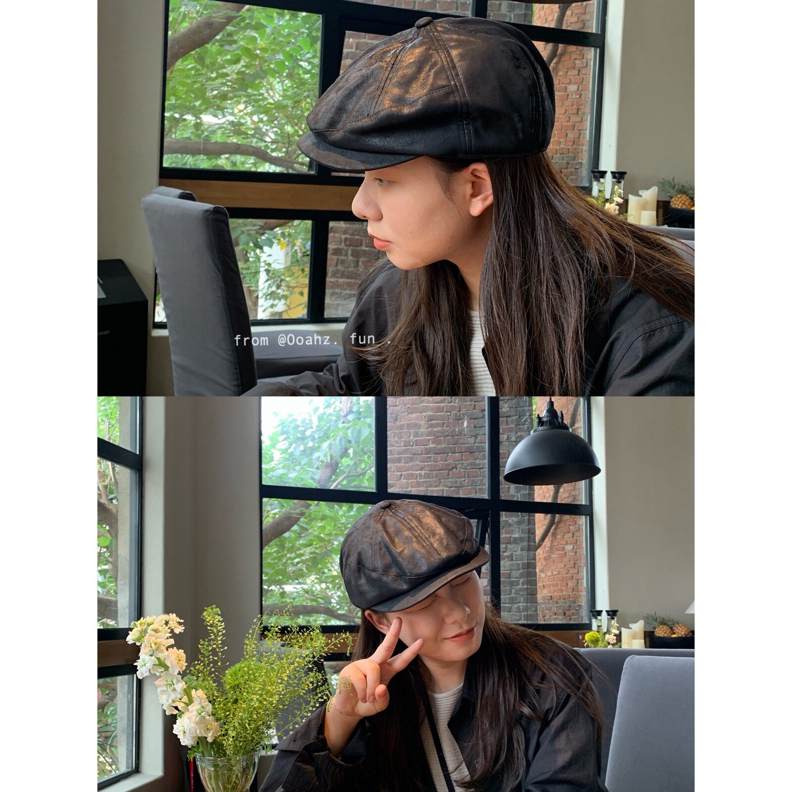 秋的开始 韩国美拉德风PU皮鸭舌帽 前进帽男女秋冬显脸小八角帽子