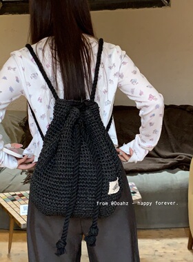 尤爱black~自制黑色手工棉绳钩针双肩背包 度假草编包旅游沙滩包