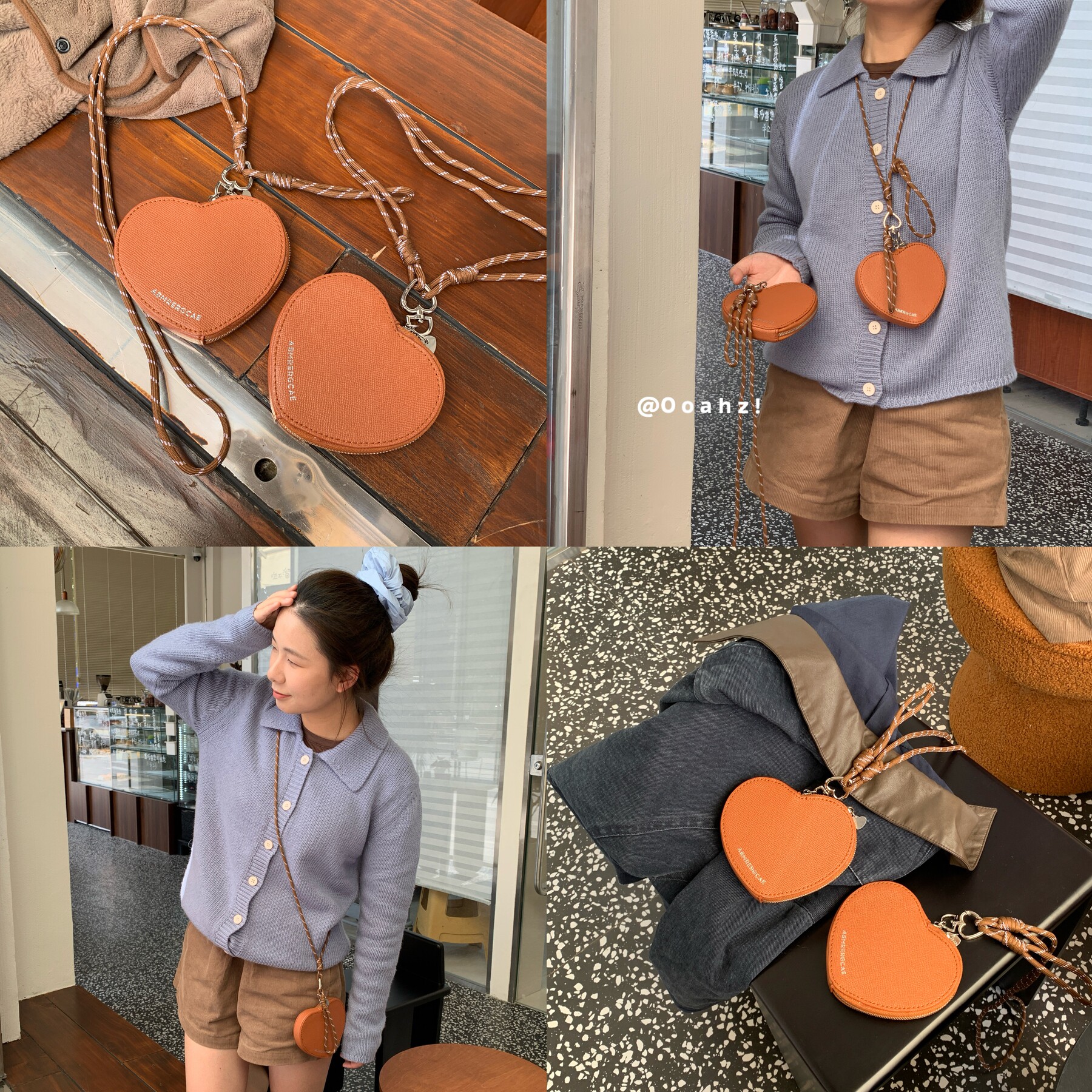 桃心短剧 爱心款PU棕色耳机钥匙口红挂饰包斜挎包ins项链包零钱包