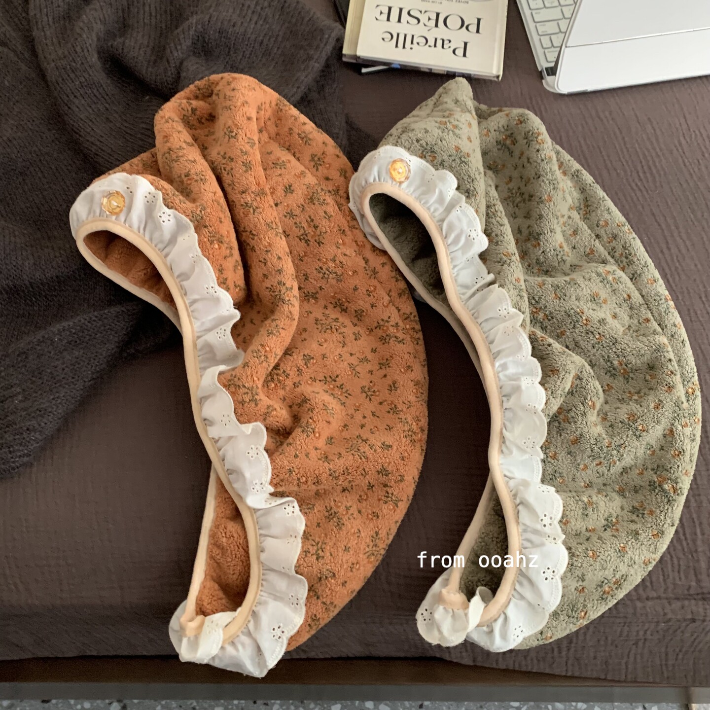 大田园碎花~chao厚吸水！蕾丝浴帽弹力擦头发干发帽ins珊瑚绒毛巾