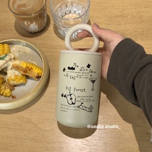 奔跑小狗 304保温杯咖啡不锈钢高颜值茶杯子 卡通复古手写体水杯