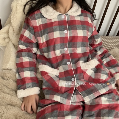秋冬加厚无印格子休闲睡衣