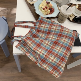 女包 百搭格子手提包ins薄款 韩国文艺复古红蓝撞色格格单肩包 经典