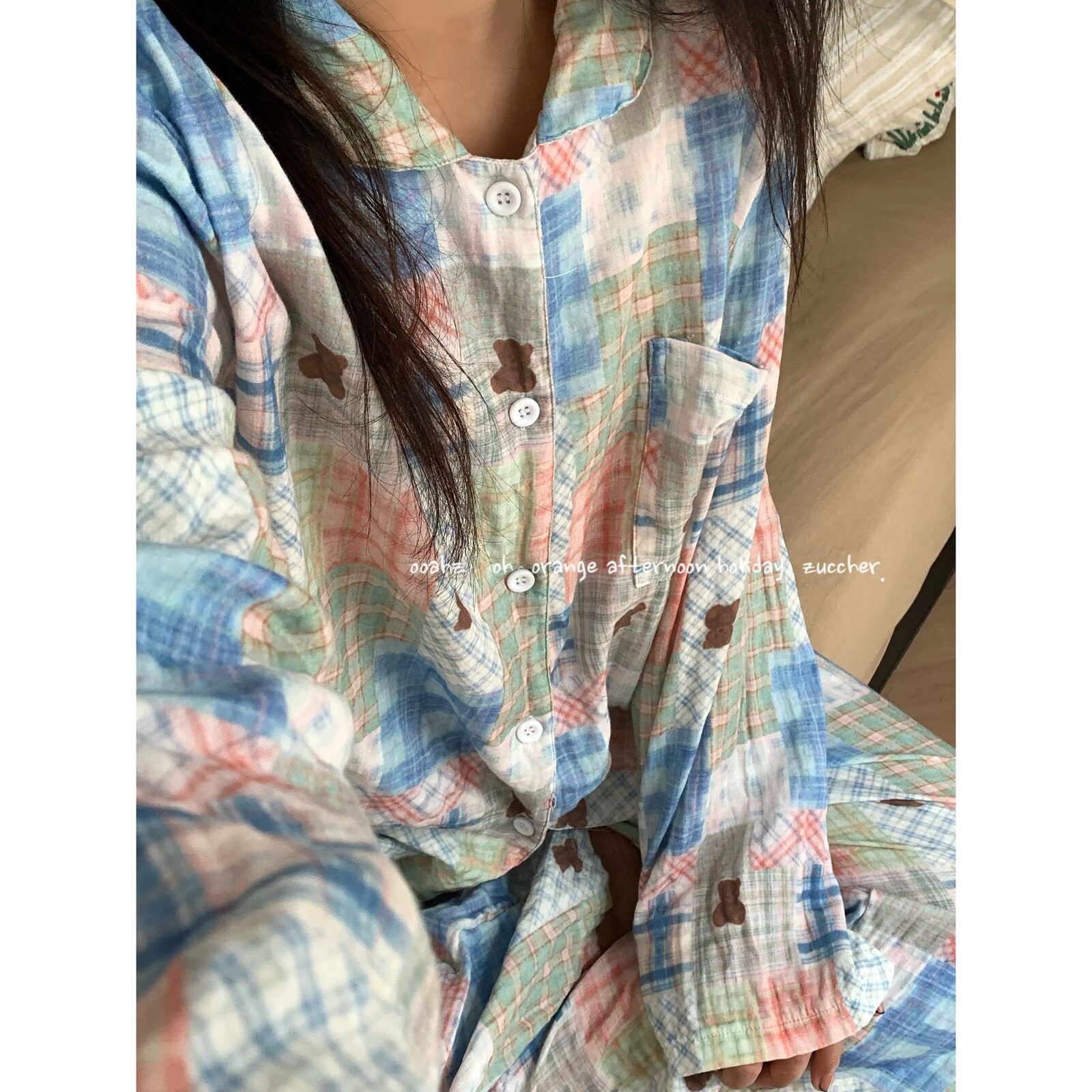 格纹小熊 A类全棉双层棉纱睡衣女春秋季长袖套装舒适家居服可外穿