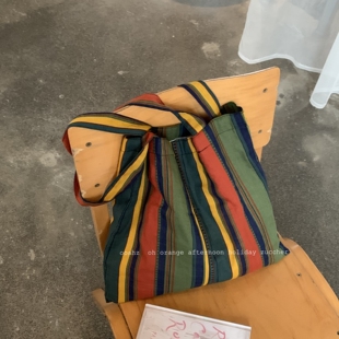 橘子洲头~小众ins复古撞色条纹单肩包 薄款慵懒百搭大容量帆布包
