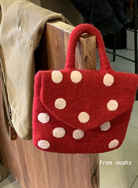 红色波点信封包~尼泊尔手工羊毛毡韩系手提包日常穿搭出门手机包