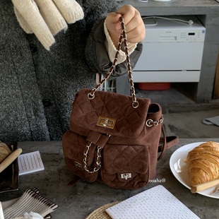 浓巧小香风 秋冬菱格链条包包女百搭小背包 磨砂麂皮绒迷你双肩包
