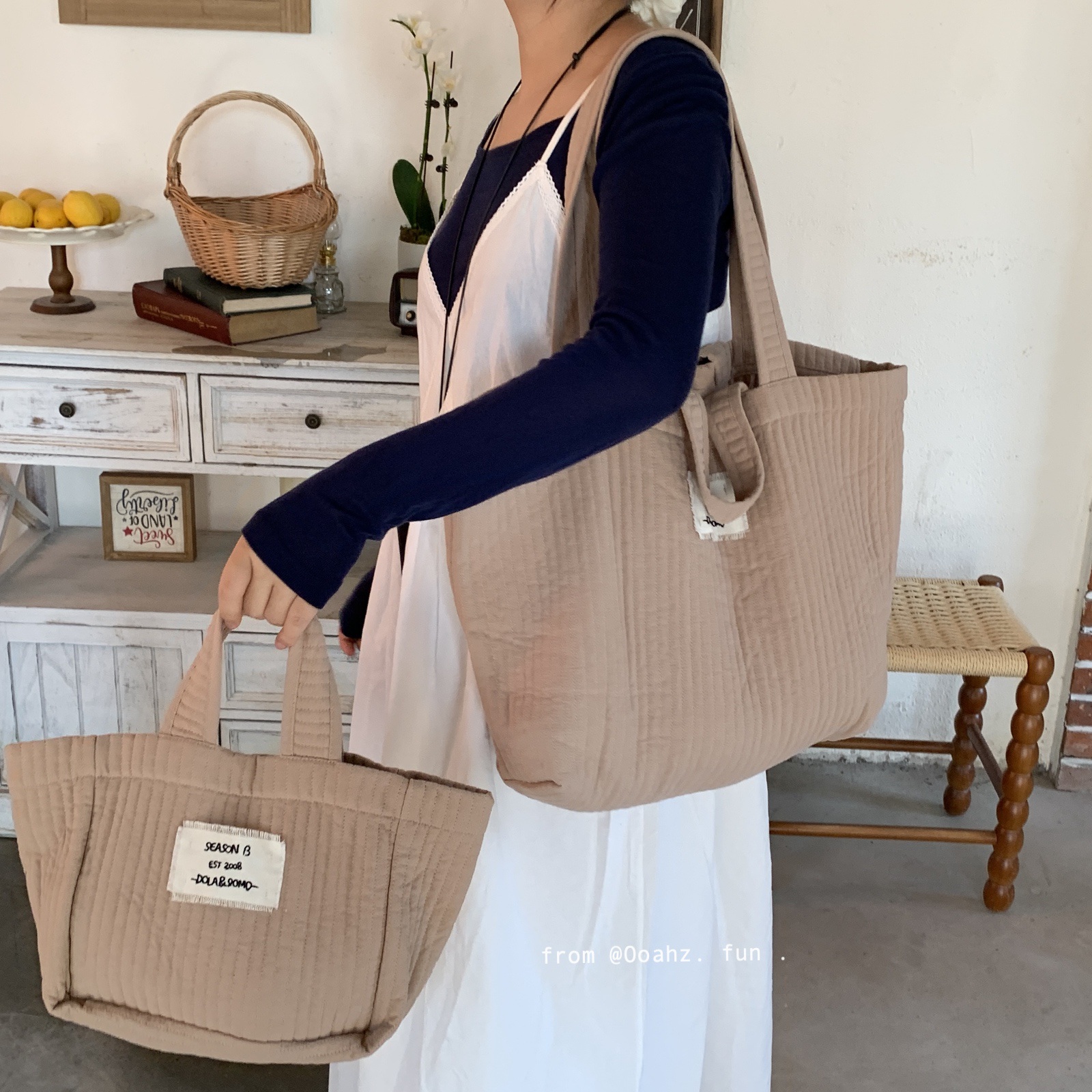 桑榆非晚 韩国简约绗缝大托特包 帆布手提小包百搭逛街ins单肩包