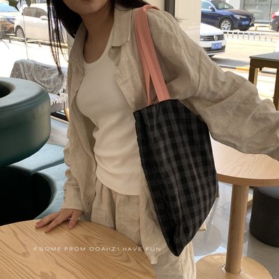 韩国春夏格子布包肩加厚帆布包袋