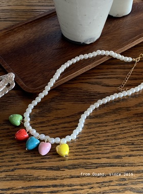 七彩琉璃 少女气质项链手链 小众设计彩色心形吊坠项链锁骨链配饰