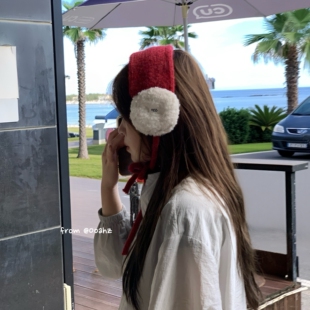 红色心愿~甜美学院风女羊羔毛针织耳套保暖护耳帽学生ins耳罩耳暖