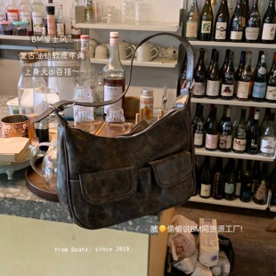 废土风牛角包~美拉德油蜡皮月牙腋下包 复古单肩包辣妹百搭斜挎包