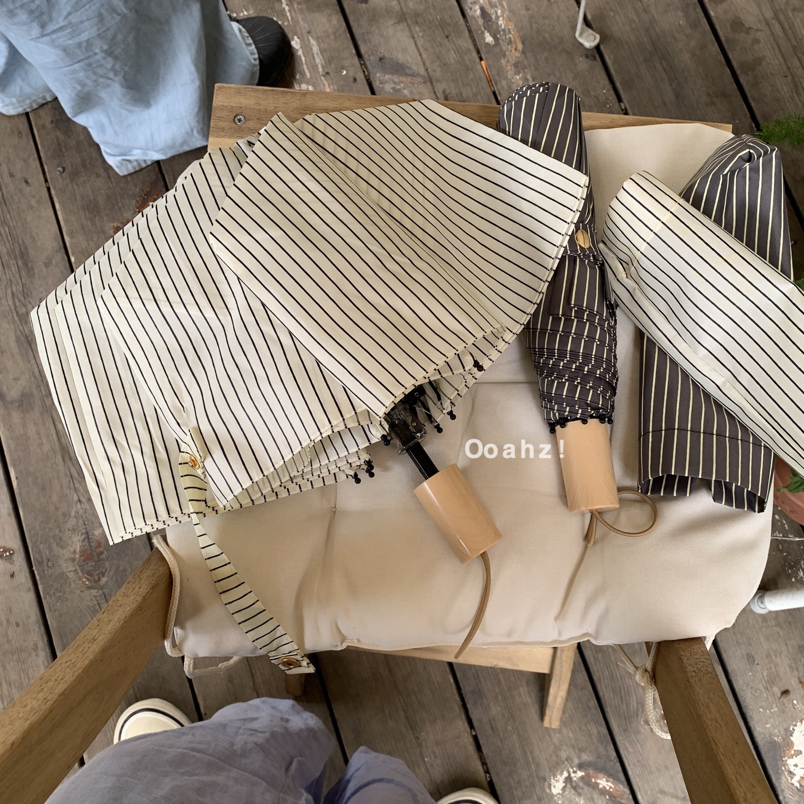 禅茶听雨~清新条纹奶油米杏雨伞 拍照超出片的中性男女情侣长柄伞