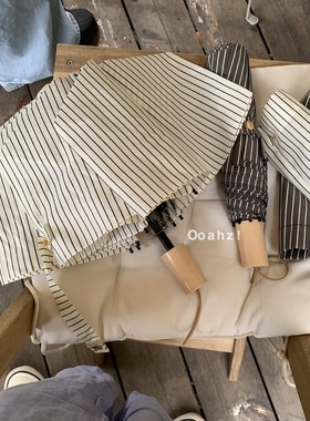 禅茶听雨~清新条纹奶油米杏雨伞 拍照超出片的中性男女情侣长柄伞