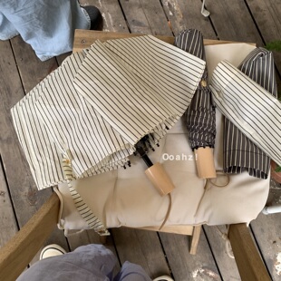 禅茶听雨~清新条纹奶油米杏雨伞 拍照超出片的中性男女情侣长柄伞