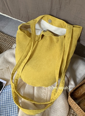 金桔紫薯~秋冬亮黄色灯芯绒单肩圆筒包 小众设计水桶包百搭斜跨包