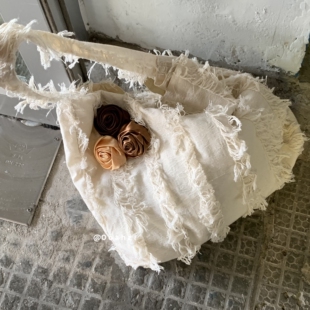 玫瑰故事~破旧感春夏亚麻提花斜挎包 重工设计花朵复古流苏单肩包