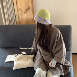 韩国小众设计师~六瓣花亚麻棉线ins盆帽手工针织镂空编织渔夫帽子