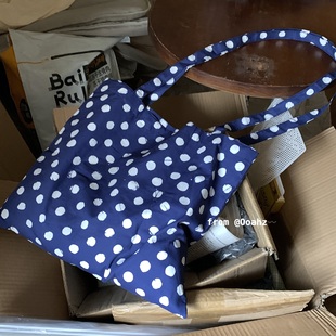 藏蓝扎染波点~法式小众细带单肩包便携百搭斜挎包薄款棉布袋女包