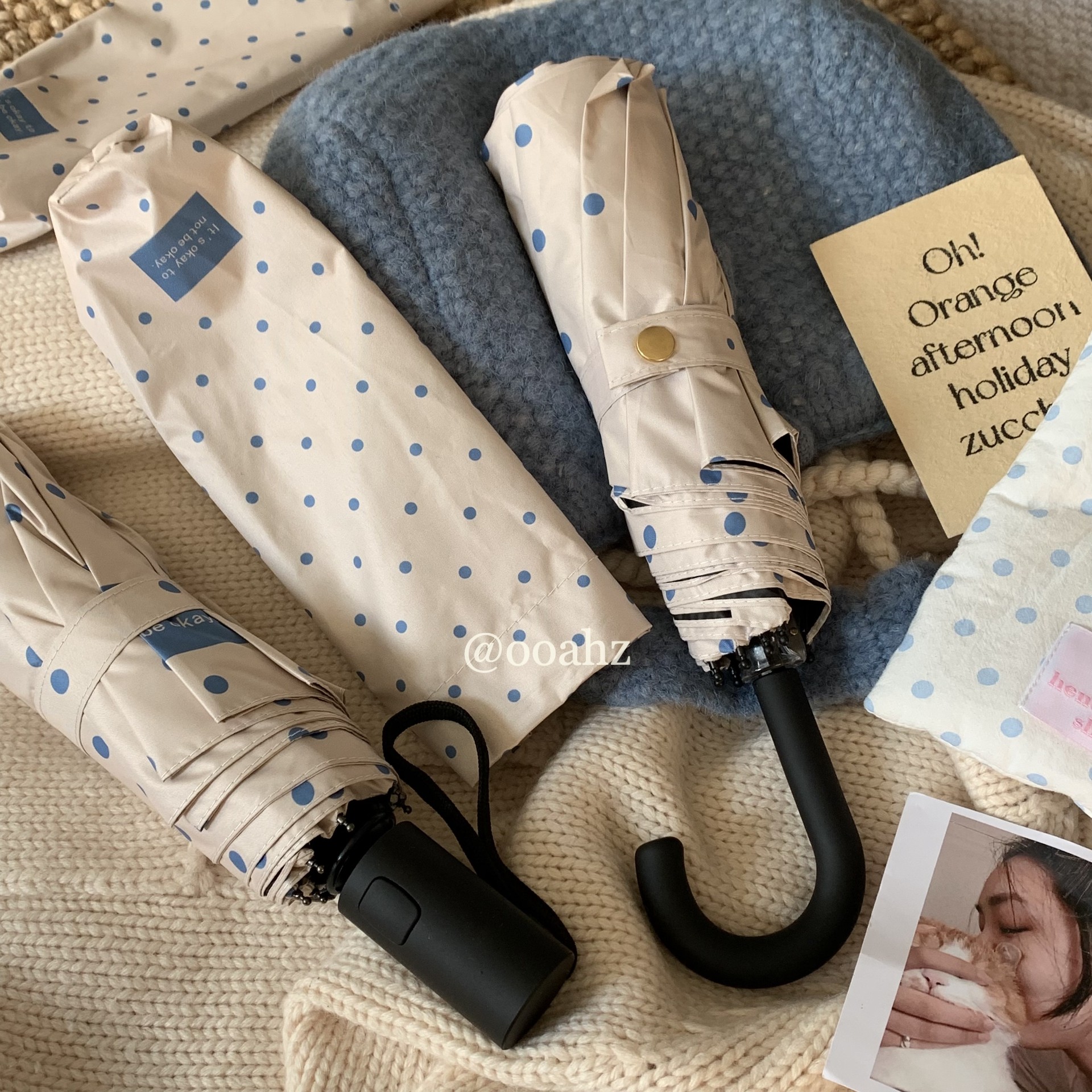 "ok定律！"日系奶蓝波点小弯钩伞 便携防雨高防晒晴雨伞ins太阳伞