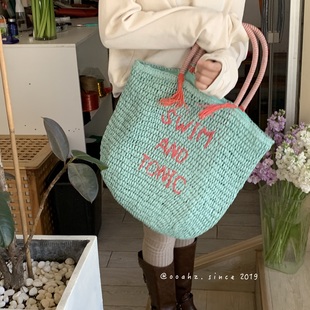 夏天无法拒绝 薄荷绿大容量编织包女ins海边度假沙滩包包 草编包