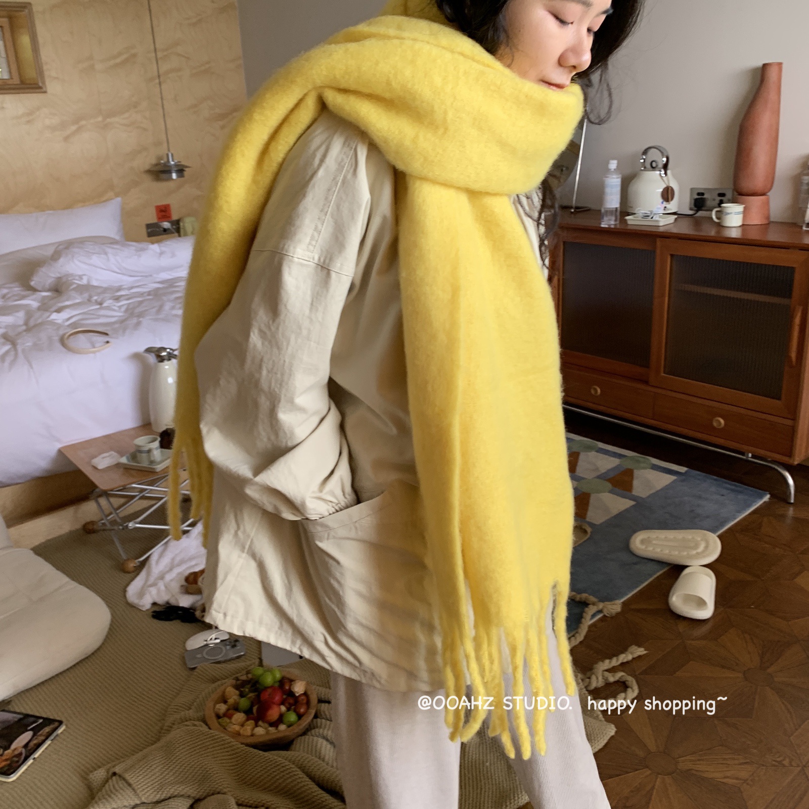 香蕉黄仿马海毛情侣纯色大围巾