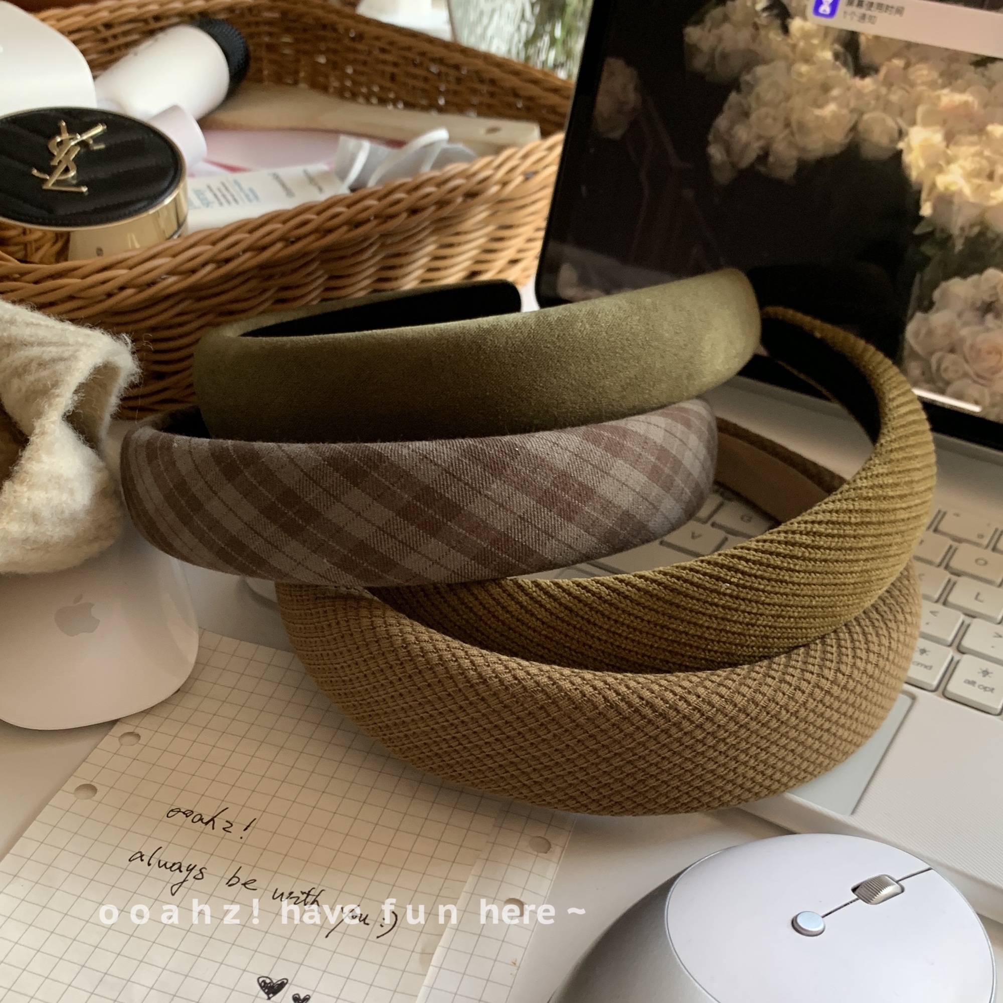 海藻咸汤～巨显白咸菜绿发箍格子纯色髙lu顶头箍秋冬外出气质发饰