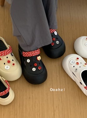 砖薯洞洞鞋~嘎嘎好穿！diy小苹果黑色厚底增高外穿踩屎感包头拖鞋