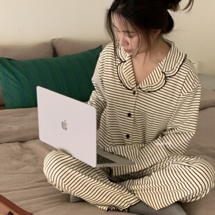 超弹韩国棉~chic奶油风褶皱条纹家居服 宅女周末娃娃领可外穿睡衣