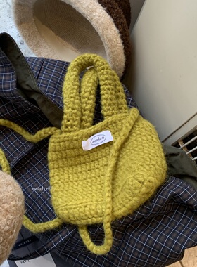 0糖0卡:芥末绿~韩国手工编织手提毛线包 ooahz自制百搭斜挎手机包