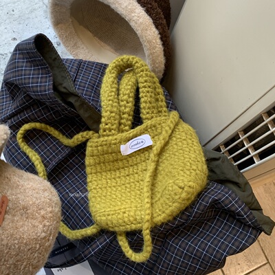 0糖0卡:芥末绿~韩国手工编织手提毛线包 ooahz自制百搭斜挎手机包