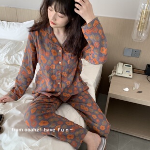 睡衣套装 贴身穿 双层棉纱复古风四季 色织水洗棉 闺蜜花花家居服