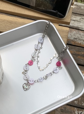 「草莓泡泡」双层纽扣爱心项链 甜酷嘻哈锁骨链蝴蝶结颈链卫衣链