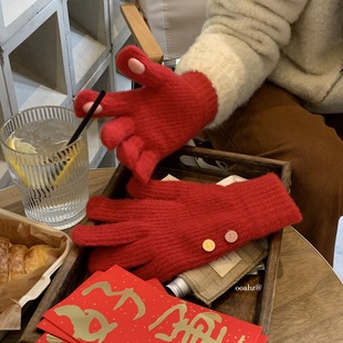 发点甜图~纯色针织手套女冬季骑行防寒ins可爱简约漏指可触屏手套