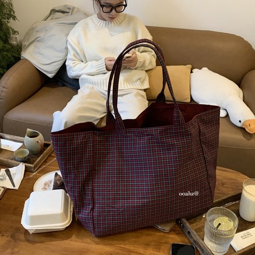 不烦世事 中性复古格纹单肩托特包包 超大容量尼龙通勤手提腋下包