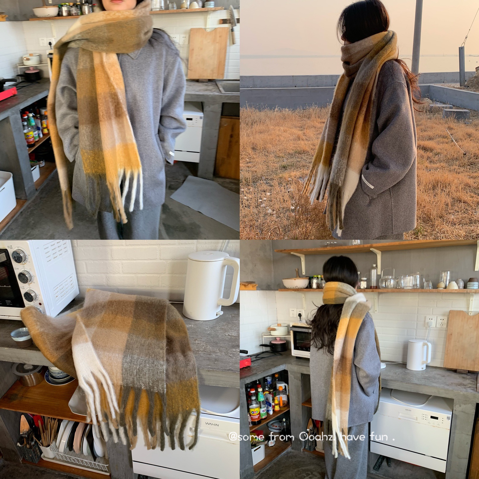 桂皮桔棕仿羊绒情侣款格子大围巾