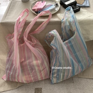 海滩彩条纹~便携大容量环保超市购物袋二合一折叠包防水买菜包包~