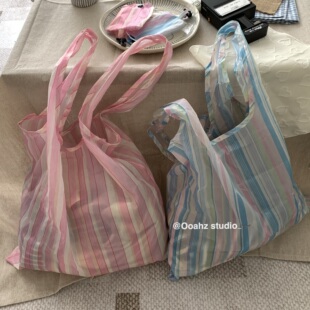 海滩彩条纹~便携大容量环保超市购物袋二合一折叠包防水买菜包包~