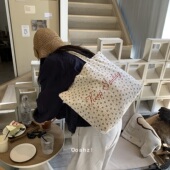 复古碎花帆布包 月光蓝 法式 小众红字母单肩包百搭清新棉布袋女包