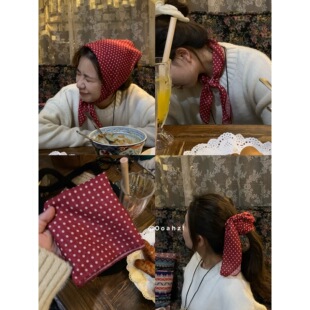 玛丽莲梦露~春夏穿搭配饰小丝巾圆点棉质小方巾女装饰ins绑发飘带