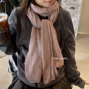 森系亚麻 复古纯色女春秋文艺范百搭长条围脖 肌理纹柔软棉麻围巾
