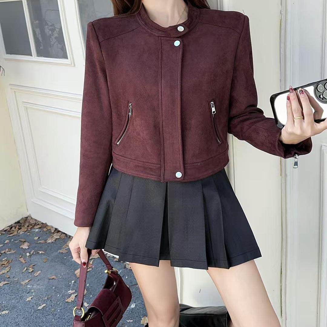 复古百搭立领机车服2024冬装新款韩版时尚显瘦鹿皮绒短外套上衣女