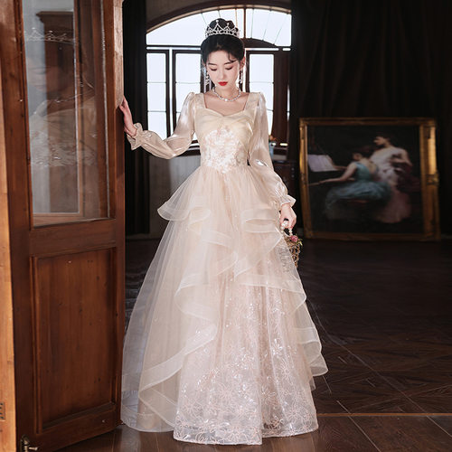 香槟色晚礼服女2025新款成人礼宴会轻奢长袖长款主持人礼服公主裙