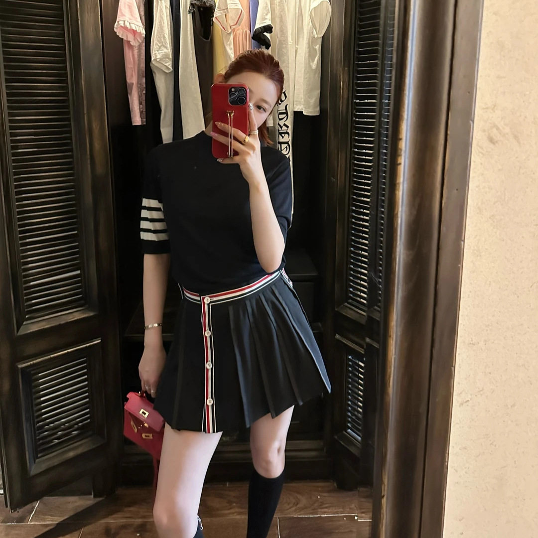 TB女士短裙夏季新款红白蓝条纹织带纽扣学院风百搭半身百褶短裙