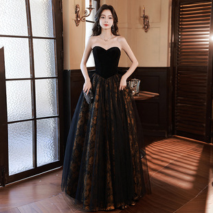 抹胸晚礼服裙年会生日名媛主持人端庄艺考黑色连衣裙夏大裙摆