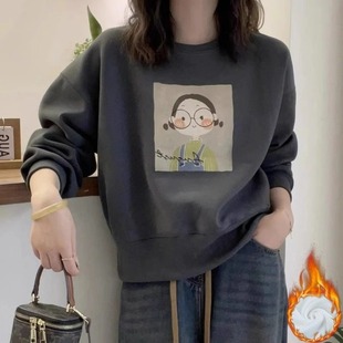 上衣高腰显瘦学生春秋薄款 小个子圆领套头短款 卫衣女加绒加厚长袖